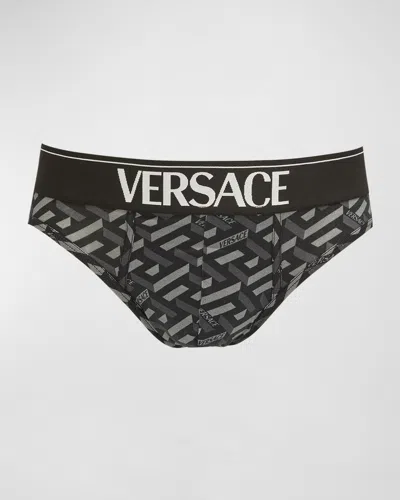 Versace Men's Monogram Logo Briefs In Blackgrey