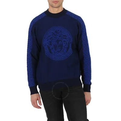 Versace Men's Navy Greca-print Cotton Sweater In Blue