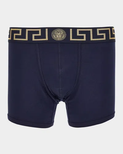 Versace Men's Organic Cotton Greek Key Boxer Briefs In Blue-gold