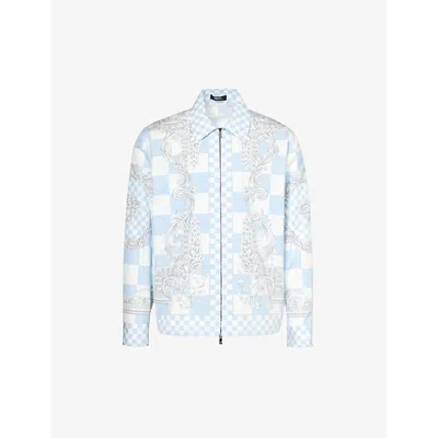 Versace Baroque-pattern Relaxed-fit Cotton Jacket In Pastel Blue+white+silver