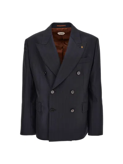 Versace Men's Pinstriped Double-breasted Virgin Wool Jacket In Blue