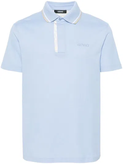 Versace Men Polo Piquet Fabric With Printed Silk Inserts And  Embroidery In Blue