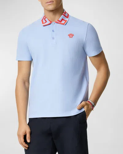 Versace Men's Polo Shirt With Greca Collar In Blue Hydrangeacoral