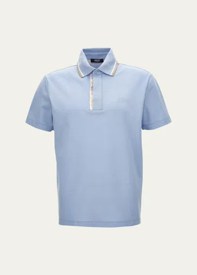 Versace Men's Polo Shirt With Silk Insert In Blue Hydrangea