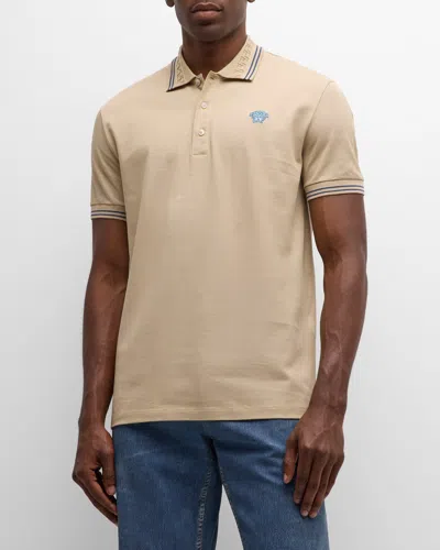 Versace Men's Pop Medusa Tipped Polo Shirt In Beige