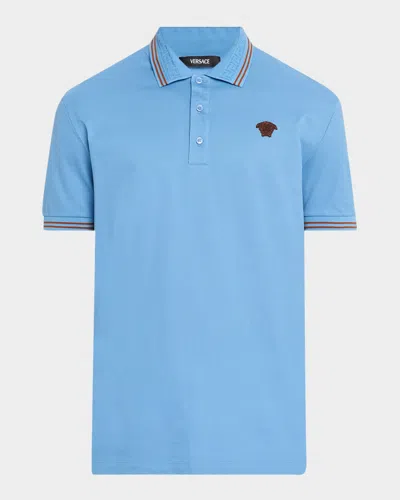 Versace Embroidered Logo Polo Shirt In Blue