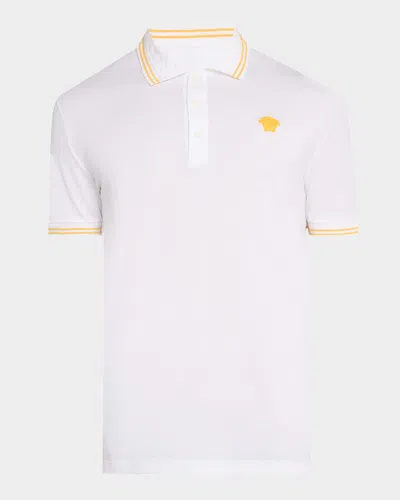 Versace White Polo Shirt With Classic Collar And Medusa Embroidery On The Front In Neutral