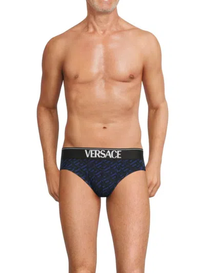 Versace Men's Print Logo Briefs In Navy
