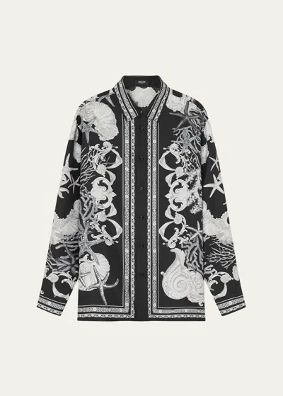Versace Long Sleeve Sea Print Shirt In Blackconcretebone