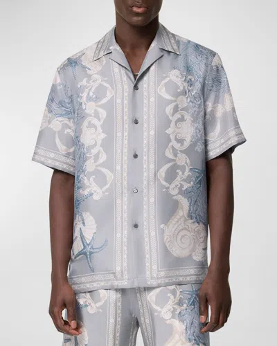 Versace Men's Printed Silk Camp Shirt In Cocretedusty Blueb