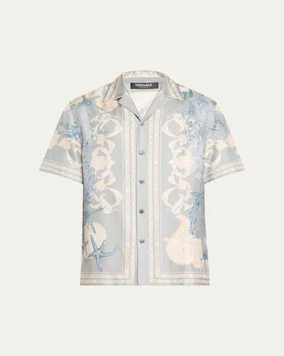 Versace Barocco Sea Camp-collar Printed Silk-twill Shirt In Gray
