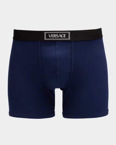 VERSACE MEN'S RIBBED COTTON LOGO BOXER BRIEFS