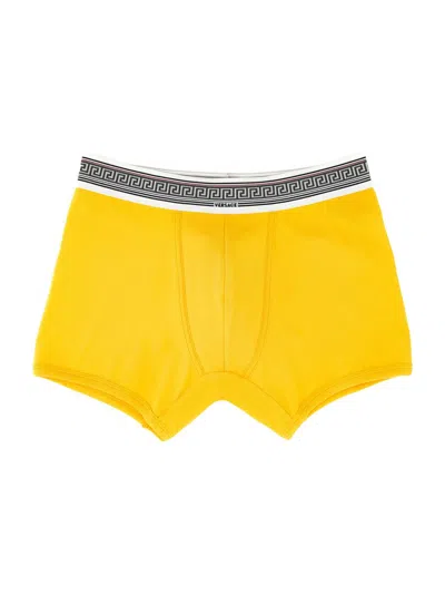 Versace Men's Ribbed Greca Stretch-cotton Boxer Brief In Yellow