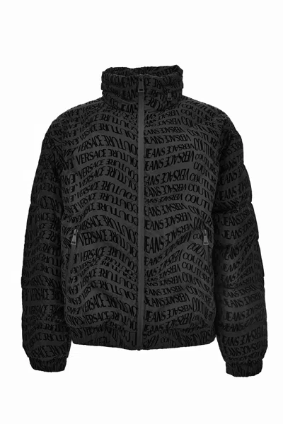 Versace Men S Short Down Jacket With All-over Logo In Black
