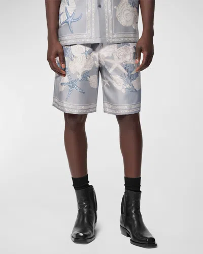 Versace Men's Silk Holiday-print Shorts In Cocretedusty Blue