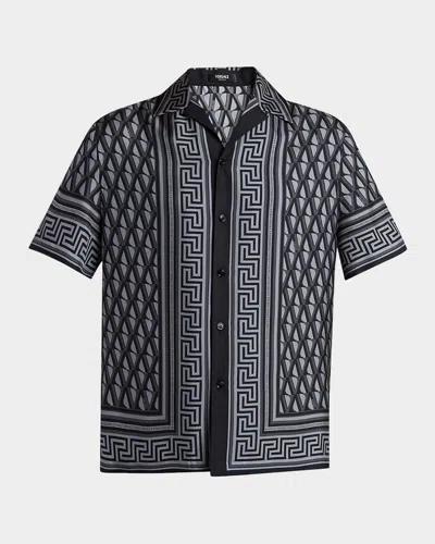 VERSACE MEN'S SILK MONOGRAM GRECA-TRIM BOWLING SHIRT