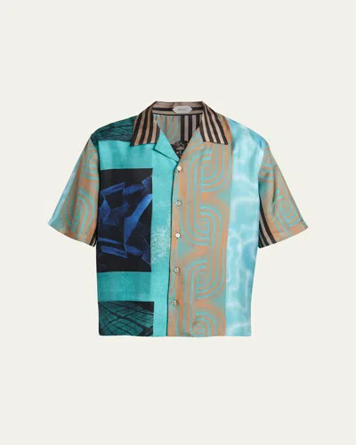 VERSACE MEN'S SILK MULTI-ABSTRACT MEDUSA CAMP SHIRT