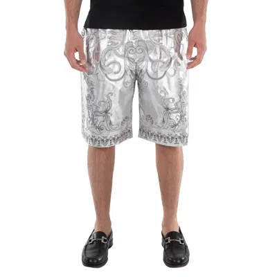 VERSACE MEN'S SILVER BAROQUE PRINT SILK TWILL SHORTS