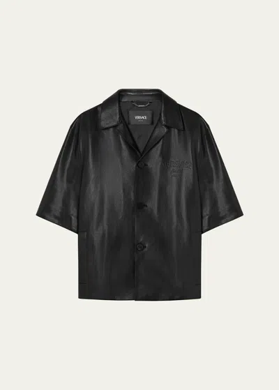 Versace Men's Smooth Leather Camp Shirt In Black
