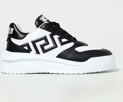 Pre-owned Versace Men's Smooth Leather Padded Sneakers With Logo In Black/white