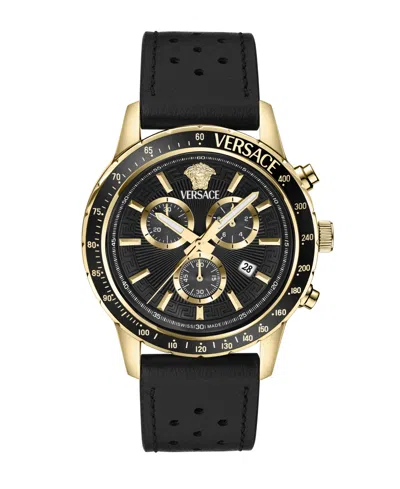 VERSACE MEN'S SPORT CHRONO IP YELLOW GOLD STAINLESS STEEL AND LEATHER STRAP WATCH, 44MM