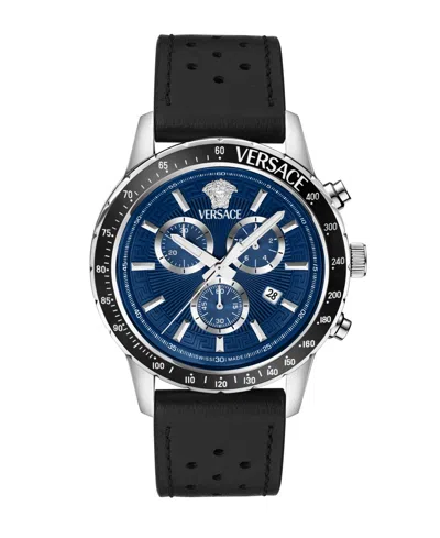 Versace Men's Sport Chrono Silver Stainless Steel And Leather Strap Watch, 44mm In Black/blue/silver
