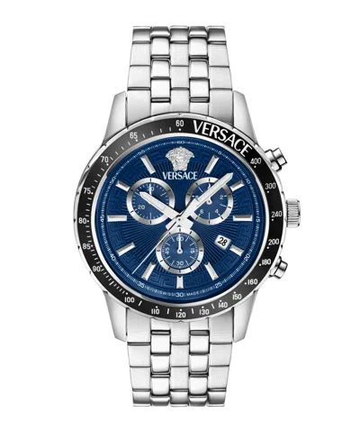 Versace Men's Sport Chrono Silver Stainless Steel Bracelet Watch, 44mm In Silver/blue/black