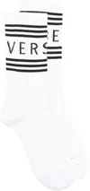 Versace White And Black Logo Stripe Intarsia Cotton Blend Socks In White