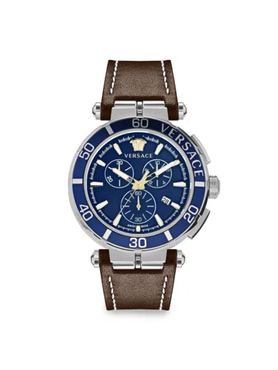 Versace Men's Stainless Steel & Blue Guilloché Dial Leather Strap Watch/45mm