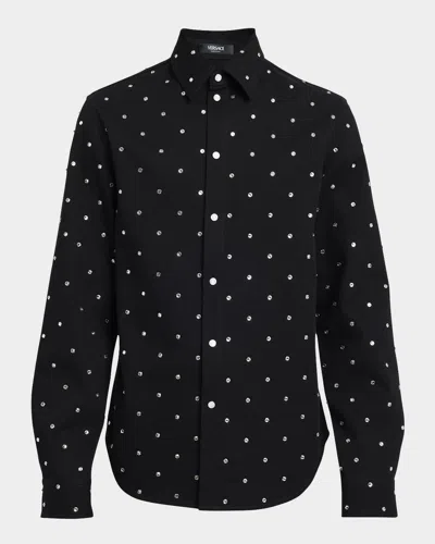 Versace Crystal-embellished Denim Shirt In Black