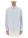 Versace Long-sleeved Striped Buttoned Shirt In Azure