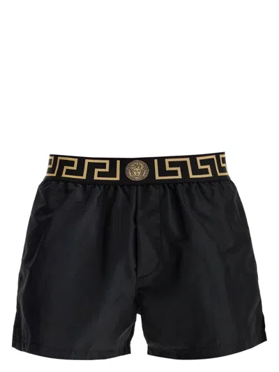 Versace Swimshorts Trimmed Waistband Relaxed Fit In Black