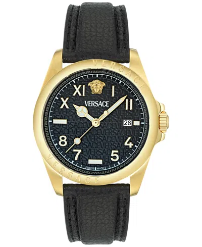 VERSACE MEN'S SWISS BLACK LEATHER STRAP WATCH 41MM