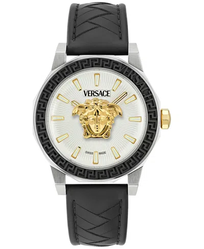 Versace Medusa Deco Leather Watch In Black