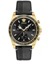 Versace Men's Swiss Chronograph Greca Wave Black Leather Strap Watch 43mm In Gold