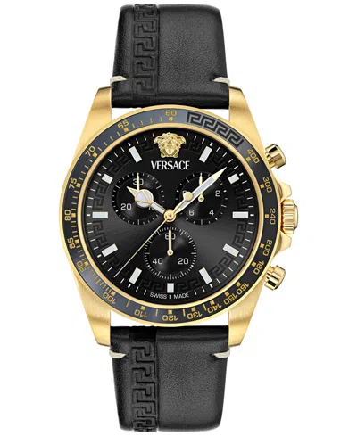 Versace Men's Swiss Chronograph Greca Wave Black Leather Strap Watch 43mm In Gold