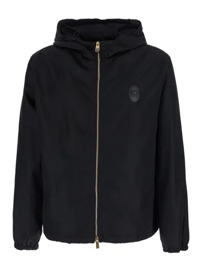 VERSACE VERSACE MEN'S TECH FABRIC FRONT-CLOSURE JACKET WITH HIGH COLLAR & CONTRAST STITCHING