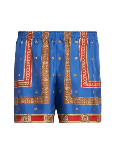 Versace Baroque-print Silk Shorts In Blue