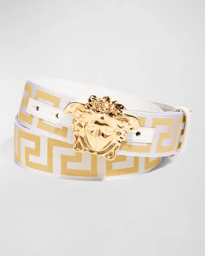 Versace Men's Tonal Medusa/greek Key Web Belt In Whitegold- G