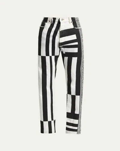 Versace Men's Two-tone Greca Paneled Straight-leg Pants In Multi