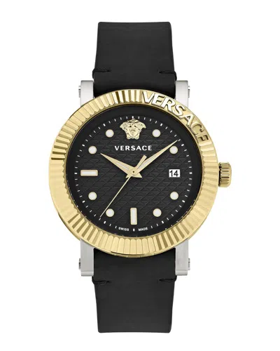 Versace Two-tone Swiss Made Leather Watch With Guilloche Dial In Black