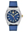 Versace Men's V-code Silver Stainless Steel And Leather Strap Watch, 42mm In Blue