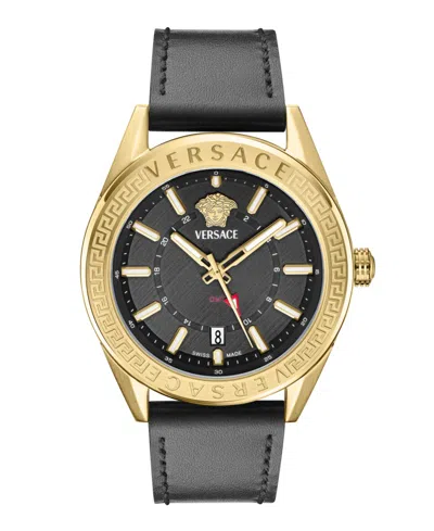 Versace Men's V-code Ip Yellow Gold Stainless Steel And Leather Strap Watch, 42mm In Gold,black