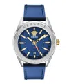 Versace Men's V-code Silver Stainless Steel And Leather Strap Watch, 42mm In Silver,blue