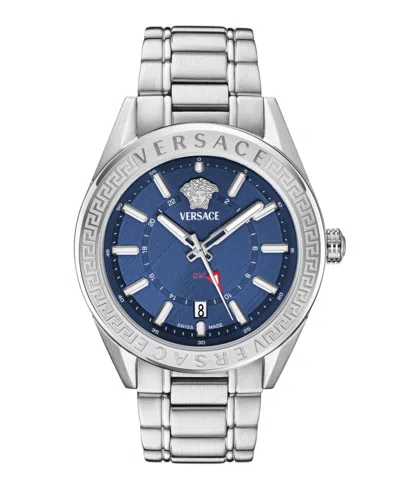Versace Men's V-code Silver Stainless Steel Bracelet Watch, 42mm In Silver,blue