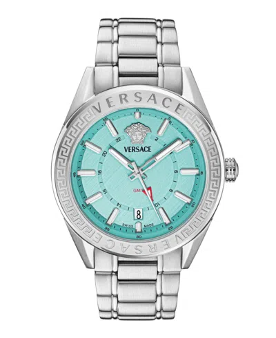 Versace Men's V-code Silver Stainless Steel Bracelet Watch, 42mm In Silver,blue