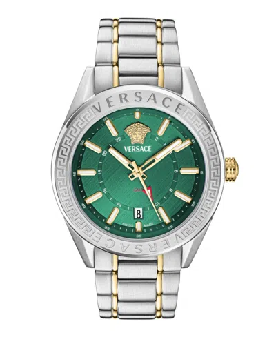 Versace Men's V-code Silver Stainless Steel Bracelet Watch, 42mm In Two Tone,green