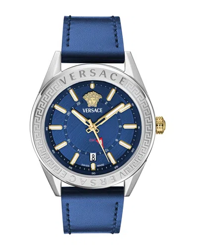 Versace V-code Gmt Leather Watch In Blue