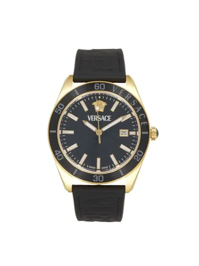 Versace Men's V-dome Ion-plated Gold Stainless Steel & Leather-strap Watch/42mm In Black