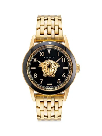 Versace Men's V Palazzo 43mm Ip Goldtone Stainless Steel Greca Bracelet Watch In Sapphire